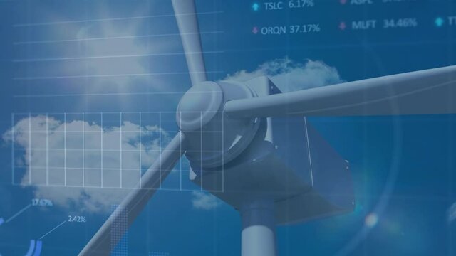 Animation of financial data processing over wind turbine