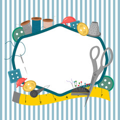 Card template with place for text for tailor. A centimeter and buttons, a thimble and scissors, a spool of thread, a pillow for pins and needles. Vector illustration on a background of stripes. For - obrazy, fototapety, plakaty