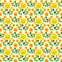 Retro pattern of yellow and orange roses. Vintage retro drawing in hippie and 70s style. Vector illustration. For use in packaging, brochures, fabrics, prints, wallpapers, covers and flyers, packaging