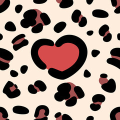Vector illustration with cute leopard seamless pattern. Animal print with heart shaped spot on beige backdrop