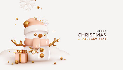 Christmas snowman with gift box realistic 3d design, gold metal balls and snowflakes. Festive winter composition. Happy New Year and Xmas. Vector illustration