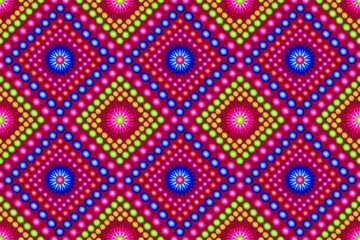 Multicolored floral patterns make up a seamless square grid on a dark red background, ethnic tribal retro fashion fabric pattern, beautiful fabric pattern.