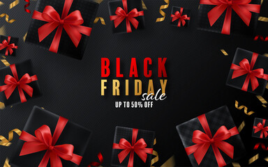 Fototapeta na wymiar Black Friday background and ound podium gift box, red ribbon and gold Floating Ribbon with craft style.