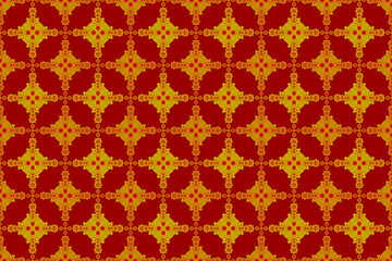 Geometric folk ornaments Ikat gold-brown floral pattern, Aztec-style seamless tribal fabric pattern, tribal embroidery, fabric print, gold floral pattern, red background.