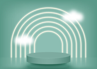 3d background.Stage pedestal decor with neon lighting, clouds. Circle pedestal base for product on green retro abstract scene.Vector illustration.