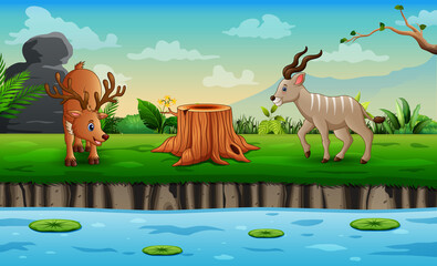 Cute a deer and impala playing by the river illustration
