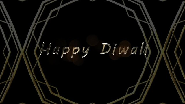 Shooting star over happy diwali text against kaleidoscopic patterns on black background