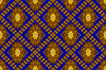 Seamless geometric ethnic fabric pattern, golden flower pattern, Thai fabric pattern design, carpet, wallpaper, curtain, cushion, clothing, wrap, batik, blue background fabric pattern