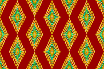 Ethnic fabric pattern vertical diamond shape green brown gold seamless, for curtain design, decorative print, retro tile pattern, carpet, wallpaper, wrap, batik, red background fabric pattern