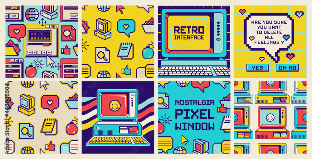Wall mural old computer aesthetic pixel window 1980s -1990s style.square frames and seamless backgrounds set. s