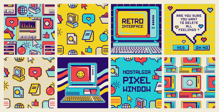 Old computer aesthetic pixel window 1980s -1990s style.Square frames and seamless backgrounds set. Sticker pack of retro computer elements. Cool retrowave user interface and desktop illustration.