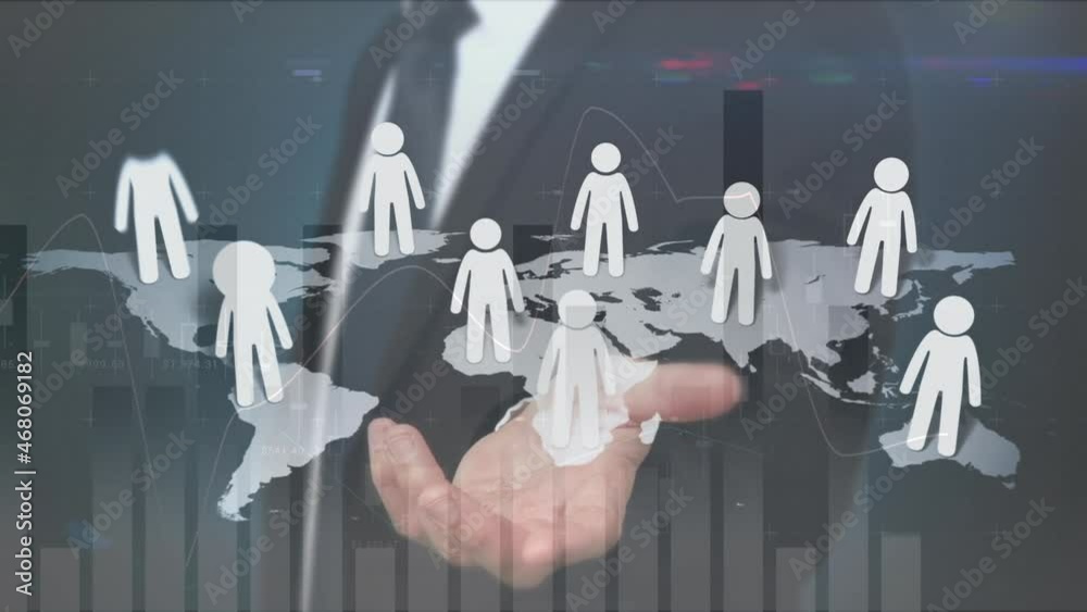 Poster animation of people icons on world map over businessman using interface and data processing