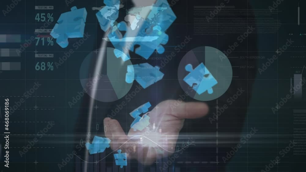 Poster animation of jigsaw pieces over businessman using interface and data processing
