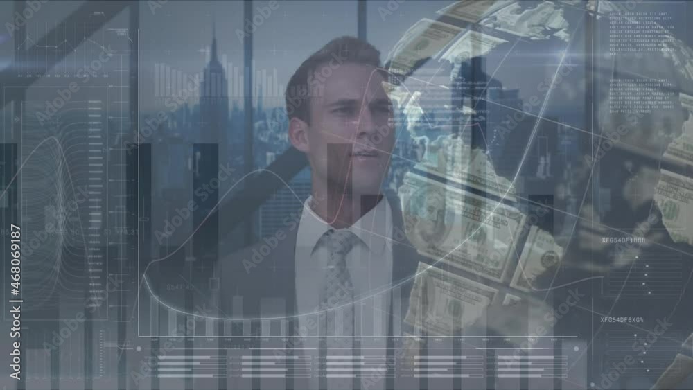 Poster animation of businessman in office using touchscreen interface over dollar globe and data processing