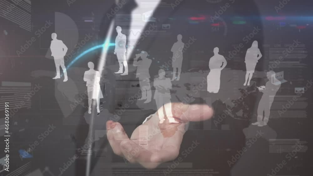 Poster animation of connecting people, world map and businessman using interface and data processing