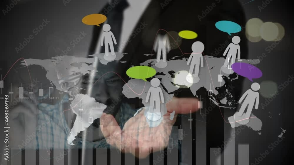 Poster animation of people icons on world map over businessman using interface and data processing