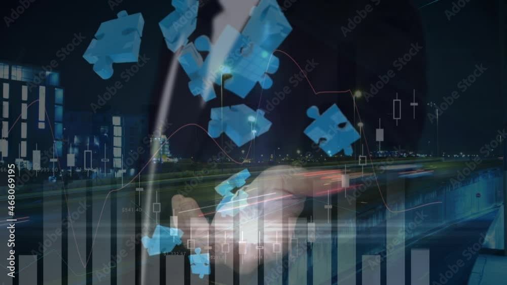 Poster animation of jigsaw pieces over businessman using interface and data processing