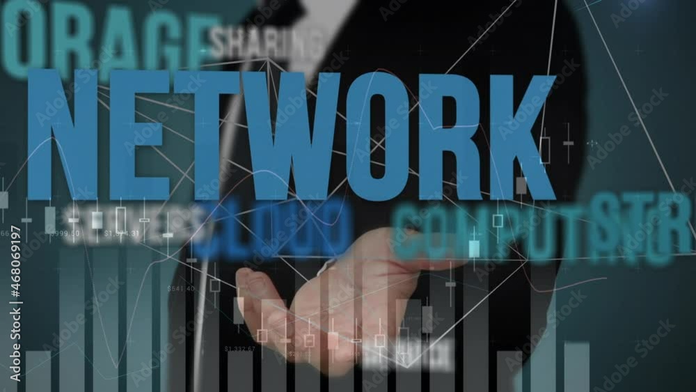 Poster animation of business management text over businessman using interface and data processing