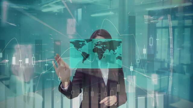 Animation of businesswoman using touchscreen interface with processing data