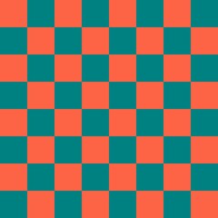 Checkerboard 8 by 8. Teal and Tomato colors of checkerboard. Chessboard, checkerboard texture. Squares pattern. Background.
