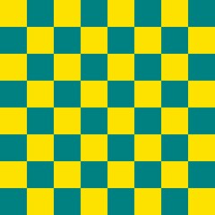 Checkerboard 8 by 8. Teal and Yellow colors of checkerboard. Chessboard, checkerboard texture. Squares pattern. Background.