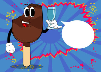 Ice Cream with a glass of water. Summer refreshment, sweet food as a cartoon character with face.