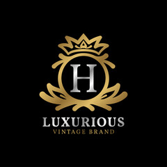 letter H with crown luxury crest for beauty care, salon, spa, fashion vector logo design