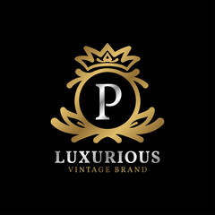 letter P with crown luxury crest for beauty care, salon, spa, fashion vector logo design
