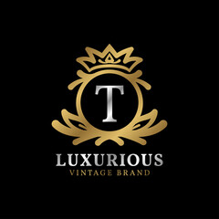 letter T with crown luxury crest for beauty care, salon, spa, fashion vector logo design