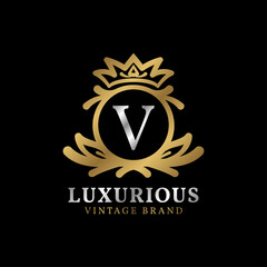 letter V with crown luxury crest for beauty care, salon, spa, fashion vector logo design