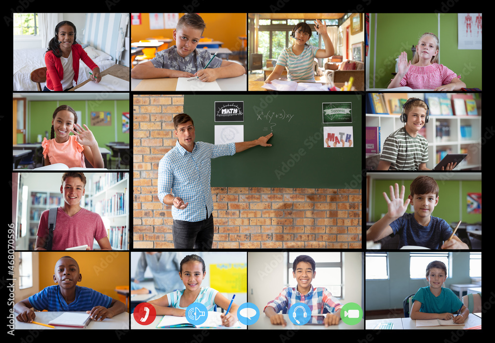 Sticker Video call interface with caucasian male teacher and schoolchildren on screen