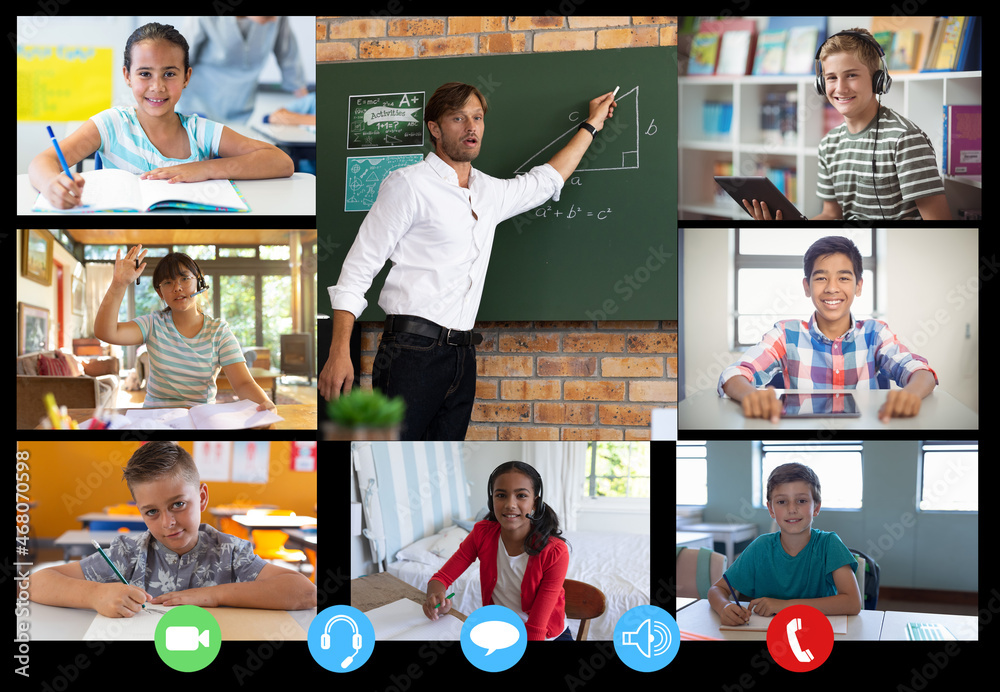 Sticker Video call interface with caucasian male teacher and schoolchildren on screen