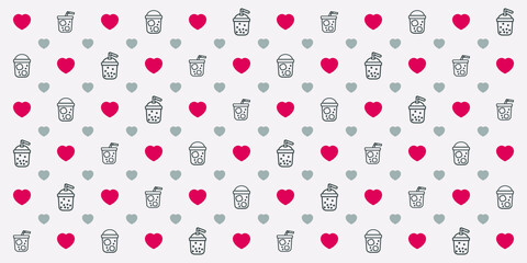 Seamless geometric pattern with hearts and beverages. Vector wallpaper background