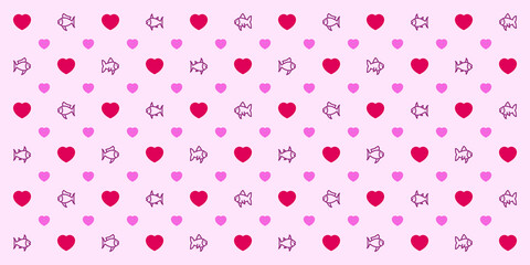 Seamless geometric pattern with hearts and fish. Vector wallpaper background