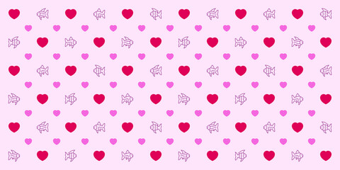 Seamless geometric pattern with hearts and fish. Vector wallpaper background