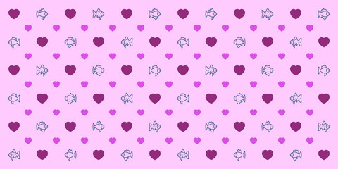 Seamless geometric pattern with hearts and fish. Vector wallpaper background