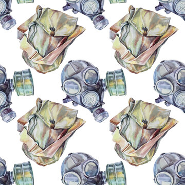 Seamless pattern watercolor vintage gas mask with bag on white background. Military filter respirator for stalker, post-apocalyptic world, survival. Protective uniform for nuclear war, radiation