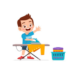 little boy use electric iron to smooth clothes