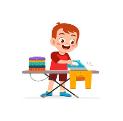 little boy use electric iron to smooth clothes
