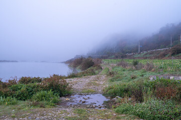 The view of the early autumn morning when the water fog rises