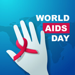 Fototapeta premium Red ribbon AIDS symbol hanging on finger for world AIDS day illustration