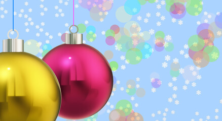 Big Christmas bauble balls. SNOWFLAKES, frozen water crystals. Amiable ABSTRACT GEOMETRIC SHAPES. Creative 3D ILLUSTRATION. Traditional decoration idea. NATIVITY scene ornament.