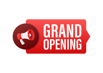 Megaphone label with grand opening. Megaphone banner. Web design. Vector stock illustration