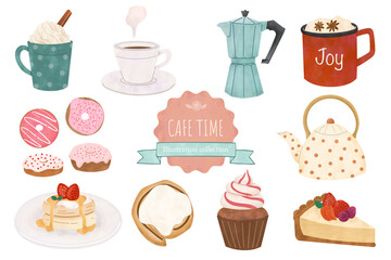 Cafe sweets set with watercolor texture