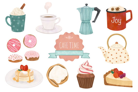 Cafe sweets set with watercolor texture