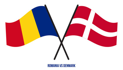 Romania and Denmark Flags Crossed And Waving Flat Style. Official Proportion. Correct Colors.