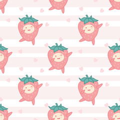 Cute strawberry cartoon seamless pattern vector on pink and white Background and heart design for kids, decorating, wallpaper, wrapping paper, fabric, backdrop