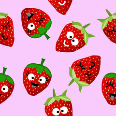 Cute strawberry cartoon seamless pattern vector on pink Background design for kids, decorating, wallpaper, wrapping paper, fabric, backdrop