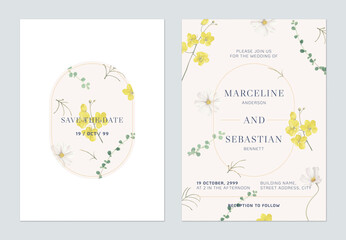 Floral wedding invitation card template design, golden shower and cosmos flowers on brown