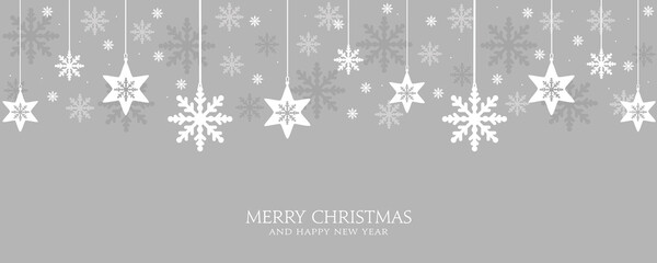 Fototapeta na wymiar Xmas banner with snowflakes hanging. Vector design of winter holidays on grey background. Merry Christmas greeting card.